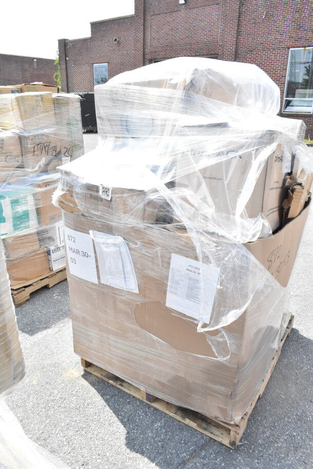 Pallet of 16 assorted new scratch and dent items including cups and bins, wrapped in plastic with visible markings "MAR30-03."