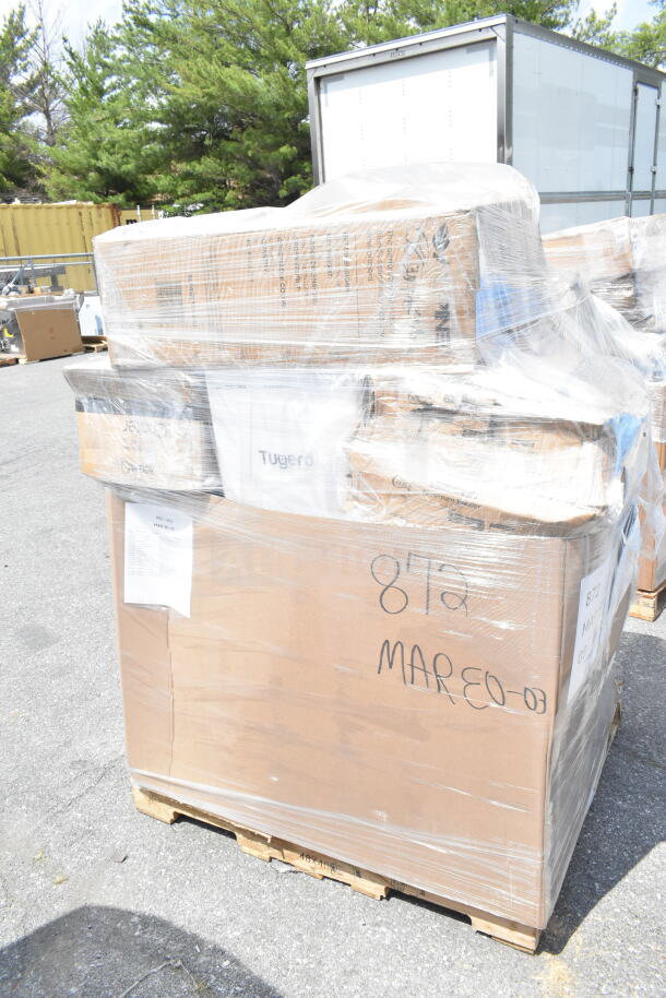 Pallet of 16 brand new scratch and dent items, including cold cups, foam cups, ingredient bin, trash can. Labeled MAR30-03.