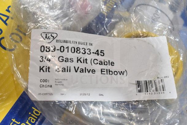 Brand new T&S 3/4" gas kit, includes cable, ball valve, and elbow. Scratch and dent condition. COO: China.