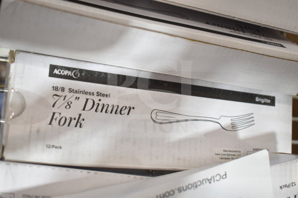 Acopa Brigitte 7 1/8" 18/8 Stainless Steel Dinner Fork box, 12 per case, brand new condition.