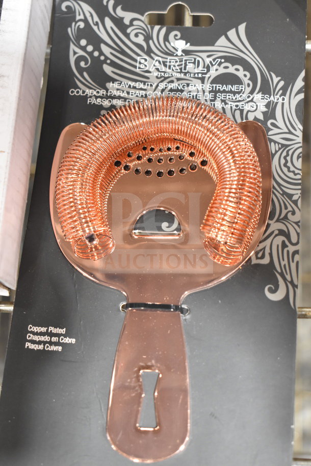 Barfly® M37026CP copper-plated Hawthorne strainer in packaging; heavy-duty bar tool, new condition.