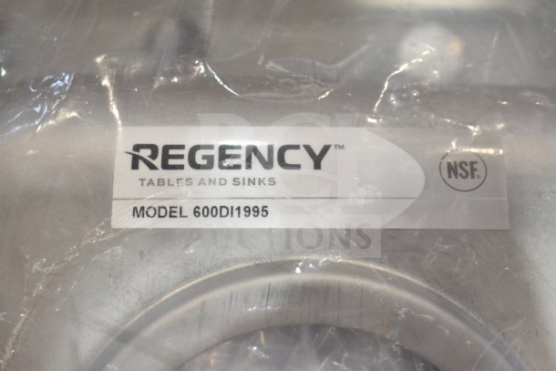 Brand new Regency 600DI1995 sink, 9x9x5 inches, 18GA 304 stainless steel, NSF certified, visible label.