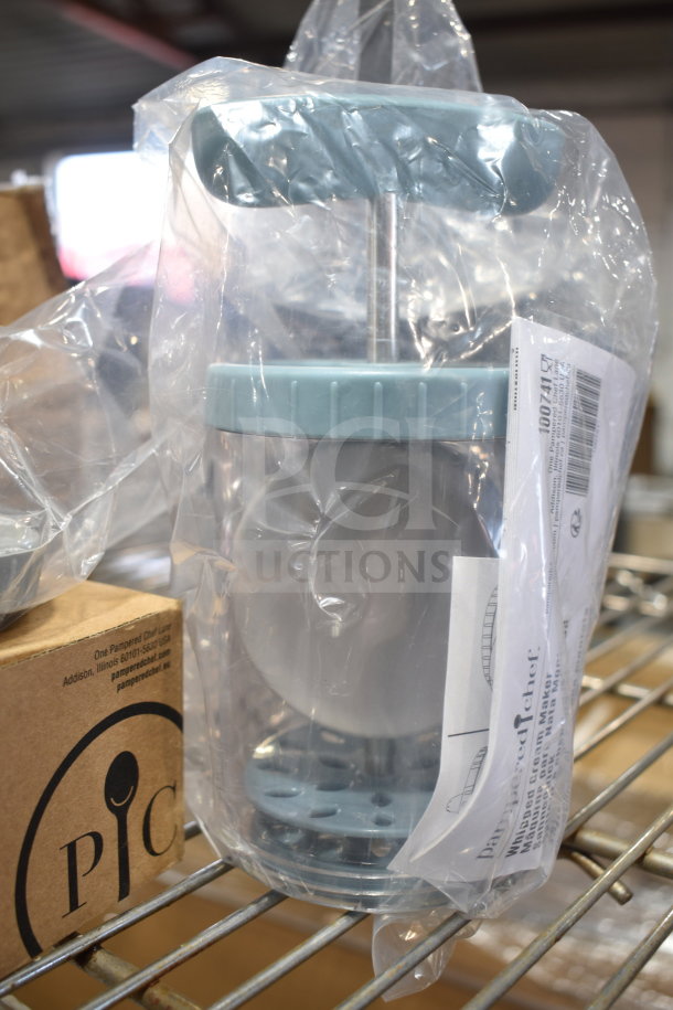 Pampered Chef Whipped Cream Maker, model 100741, still in packaging. New condition, with blue lid and clear container.