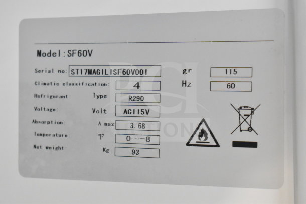 Migali SF60V commercial freezer label detailing model, serial number, voltage at 115V, refrigerant type R290, and specifications.