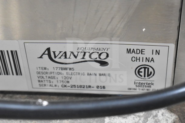 Avantco 177BMFW5 57" Electric Bain Marie Buffet, 120V. Label shows ETL certification, 1750W power, made in China.