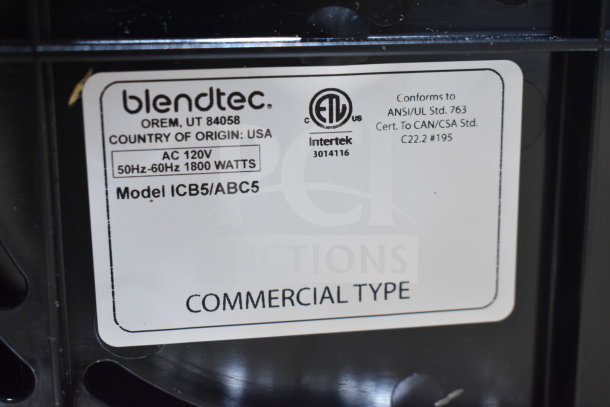 Blendtec Connoisseur 825 ICB5/ABC5 Blender label, showing model, 120V, 1800W, commercial type, and certification markings.