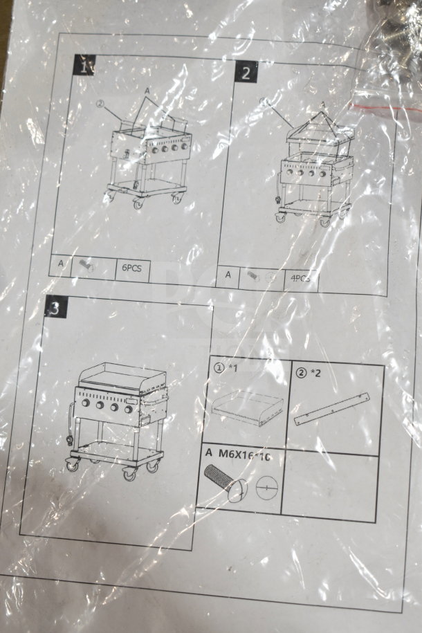 "Backyard Pro Griddle Plate assembly instructions sheet, for LPG30 and LPG60 Grill, in a clear plastic cover."