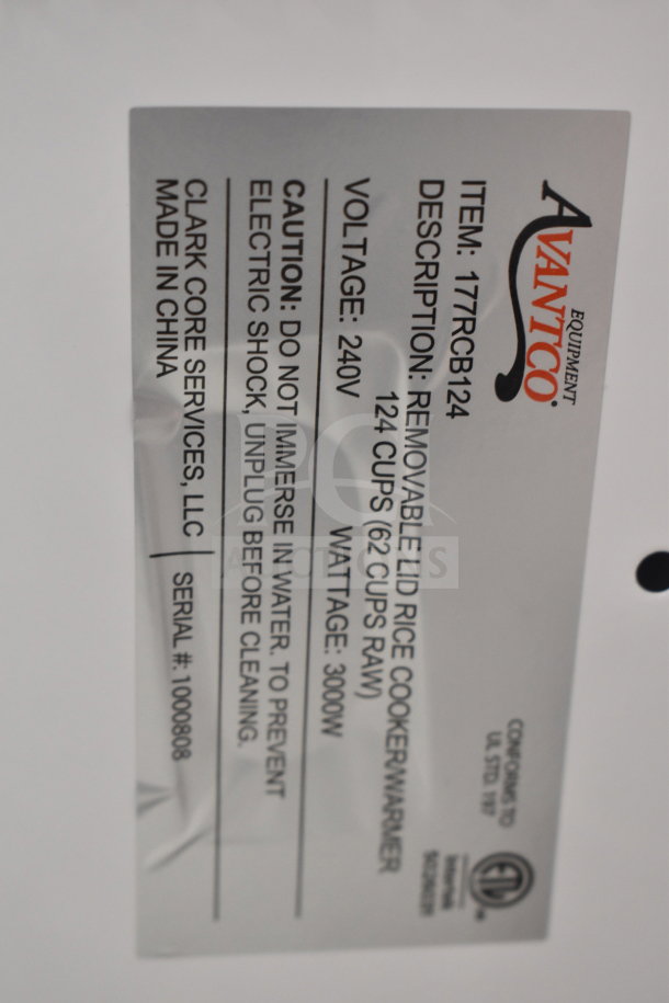 "Brand new Avantco 177RCB124 rice cooker/warmer, 124 cup capacity, 240V, removable lid, caution label for safety."