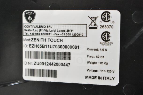 Conti Valerio Zenith Touch grinder label, specifying 110-120V, 4.0A, 60Hz, 12kg, made in Italy. Model ID: EZH65B11U703000000001.