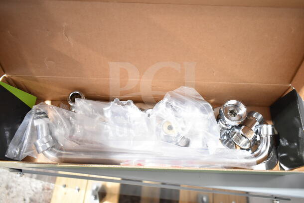 BRAND NEW Regency 600FW814 wall mount faucet with 8" centers, 14" swing spout. Scratch and dent condition, packaged in box.