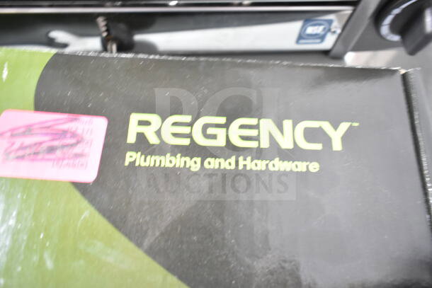 "Brand new Regency 600FW814 wall mount faucet, 8'' centers, 14'' swing spout. Box shows light scratches and a pink label."