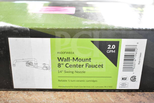 BRAND NEW 600FW814 Regency wall-mount faucet, 8" centers, 14" swing spout, green box, scratch and dent condition, 2.0 GPM.