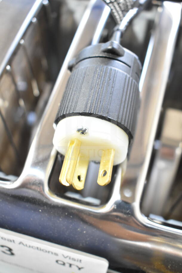BRAND NEW Cadco CTW-6M(220) 6-slice toaster, 1" slots, 220V, scratch-and-dent, close-up of plug and slots shown.