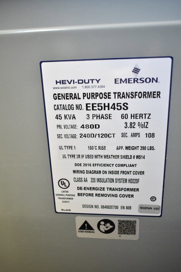 BRAND NEW scratch and dent Emerson EE5H45S transformer, 45 KVA, 3-phase, 60 Hz, UL listed, DOE compliant. Catalog EE5H45S.