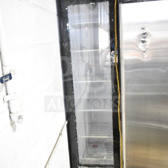 Brand new KoolMore KM-MDF-17S commercial freezer merchandiser with single glass door, scratch and dent, visible glass damage.