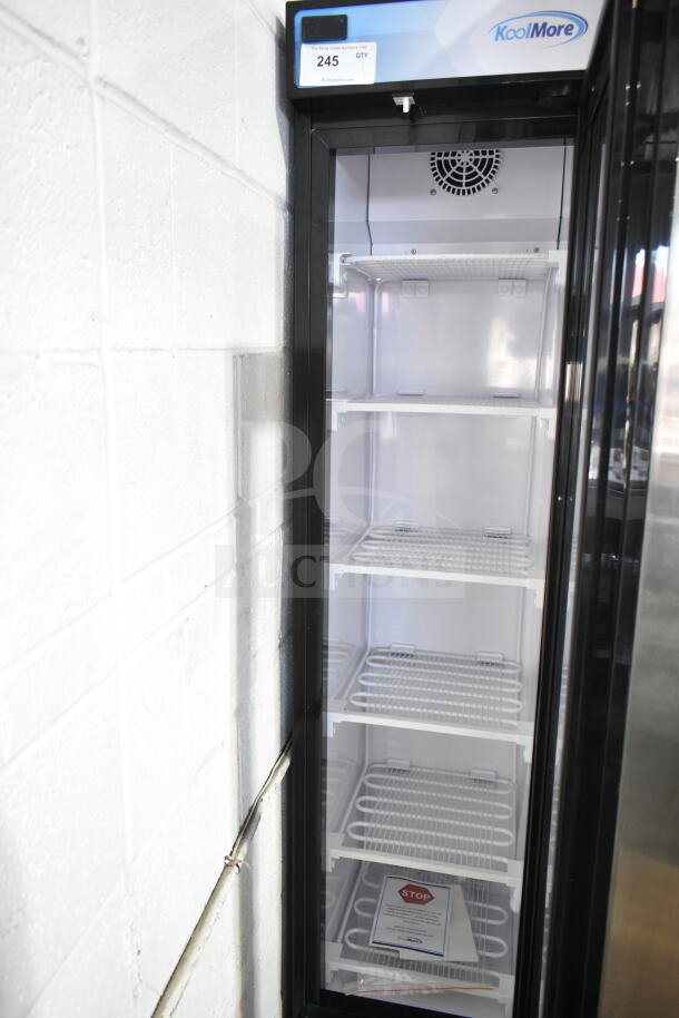 KoolMore KM-MDF-17S commercial freezer merchandiser, single door. New condition with glass damage, 110-120 volts.