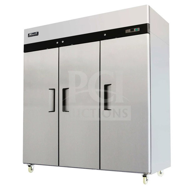 Brand new Migali C-3F commercial 3-door reach-in freezer, stainless steel, 115/208-230V, 1 phase, with minor scratches.
