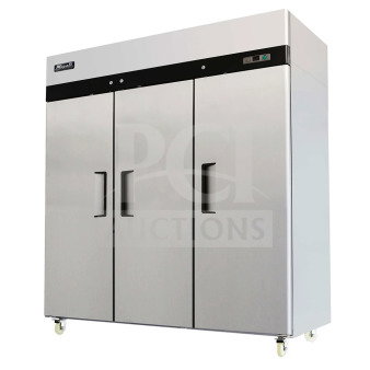 Brand new Migali C-3F commercial 3-door reach-in freezer, stainless steel, 115/208-230V, 1 phase, with minor scratches.
