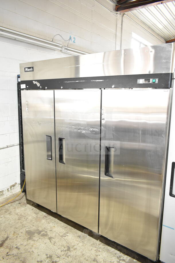 Brand new, scratch and dent 2019 Migali C-3F 3-door commercial reach-in freezer, stainless steel, 115/208-230V, 1 phase.
