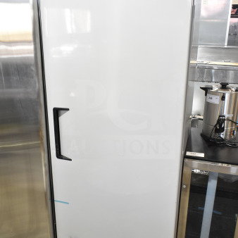 Brand new KoolMore SR60V commercial single door reach-in freezer, 115 volts, minor scratches and dents visible.