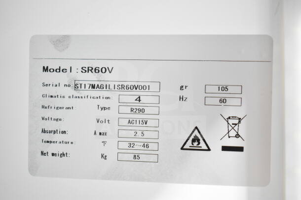 KoolMore SR60V freezer label, serial ST17MAGILISR60V001, shows refrigerant R290, 115V, 1 phase, temp range 32-46°F.