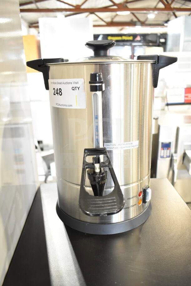 Brand new Avantco 177CU30CETL 30-cup coffee urn, stainless steel, double wall, 120V, with visible gauge and caution label.