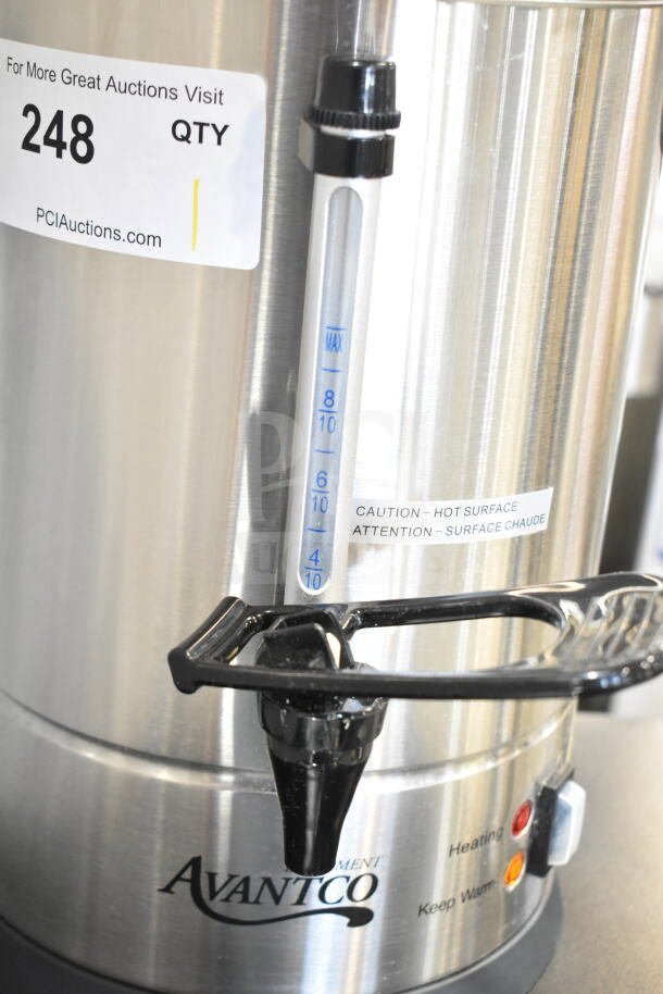 Avantco 177CU30CETL stainless steel coffee urn, 30 cup capacity, new condition, with caution label, 120 volts.