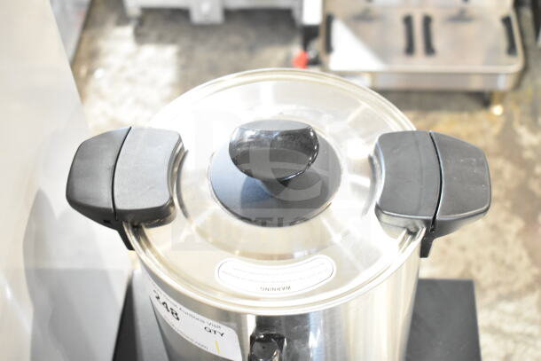 Brand new Avantco 177CU30CETL coffee urn, 30 cup, stainless steel, visible warning label, double wall, 120V, 1 phase.