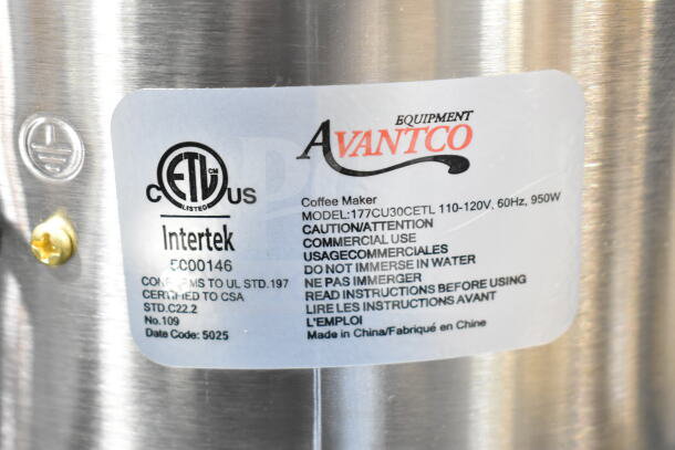 Avantco 177CU30CETL coffee urn, 30 cup capacity, stainless steel, 120V, new condition, ETL certified, commercial use.