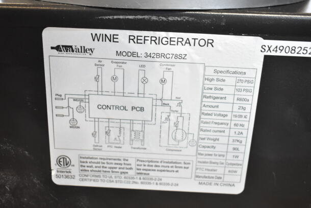 AvaValley 342BRC78SZ label showing model specs and wiring diagram, single temperature beverage cooler, 78-can capacity.