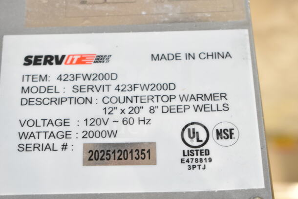 BRAND NEW ServIt 423FW200D dual well electric food warmer, 12" x 20", 120V, 2000W. UL and NSF listed, Made in China.