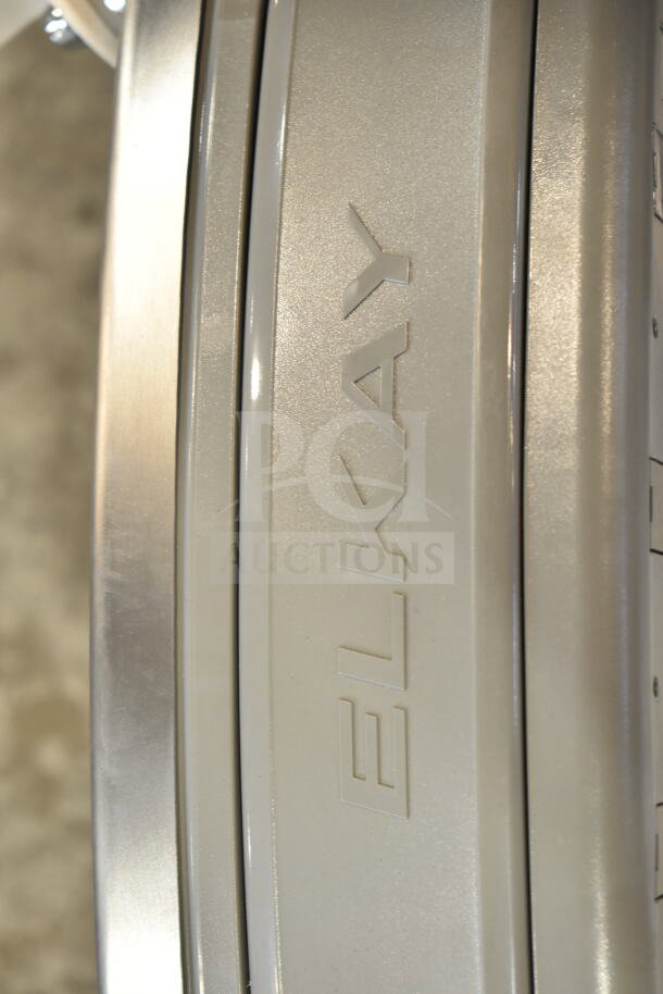 Elkay ENKLZS8WS_1A light gray bottle filling station with drinking fountain, close-up of Elkay branding.