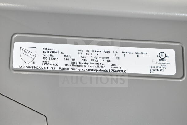 Elkay ENKLZS8WS_1A 8 GPH Light Gray Hands-Free Filtered Bottle Filling Station with visible specifications label.