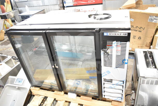New Beverage Air BB48HC-1-G-B black glass door bar refrigerator, 48", counter height, 115V, with minor scratches.