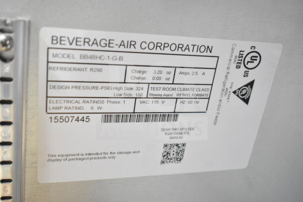 Label on Beverage Air BB48HC-1-G-B refrigerator showing model, electrical ratings, refrigerant type, and compliance marks.