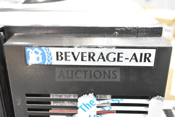BRAND NEW Beverage Air BB48HC-1-G-B refrigerator, black, glass doors, 48", 115V, 1 phase, minor scratches, label visible.