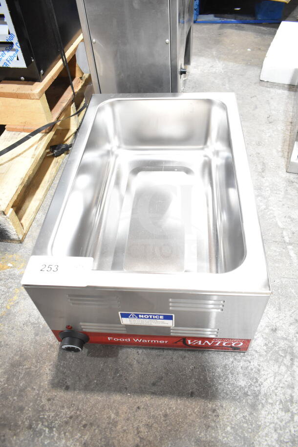 Avantco 177W50 electric countertop food warmer, 12"x20", stainless steel, 120V, 1 Phase, new with minor scratches, model label visible.