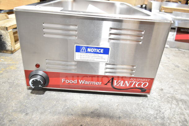 Avantco 177W50 12"x20" electric food warmer, new scratch and dent, 120V, 1 phase, adjustable dial, warning label visible.
