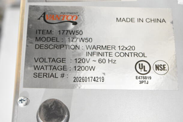 Avantco 177W50 full-size electric food warmer, 12"x20", new condition, 120V, 1200W, UL and NSF certified, model 177W50.