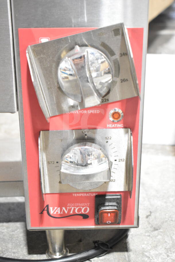 Brand new Avantco 177CPBTR66A commercial bun toaster. Features conveyor speed, temperature controls, and heating indicator. 120V.