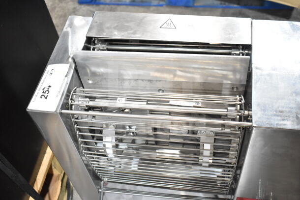 Brand new Avantco 177CPBTR66A commercial bun toaster, compact vertical design, 120V, 1 Phase, with minor scratches.
