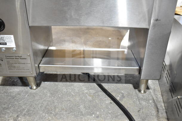 BRAND NEW Avantco 177CPBTR66A commercial bun toaster, 120V, 1 phase. Labels show specs and model details. Scratch and dent.