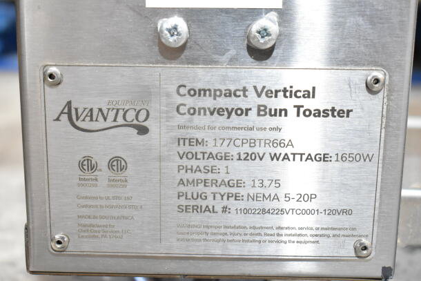 Brand new Avantco 177CPBTR66A commercial bun toaster, 120V, 1 phase, 1650W. Label details item specs and certification marks.