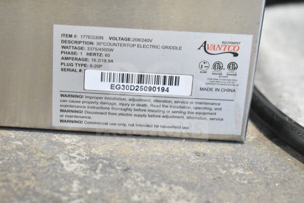 Brand new Avantco 177EG30N 30" electric griddle, 208/240V, 1 phase, scratch and dent, item label with specifications.