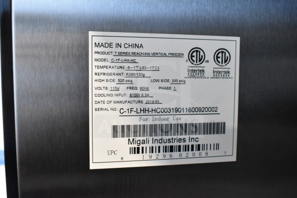 Brand new 2019 Migali C-1F-LHH-HC commercial freezer, single door, 115V, 1 phase. Serial C-1F-LHH-HC00319011600920002.