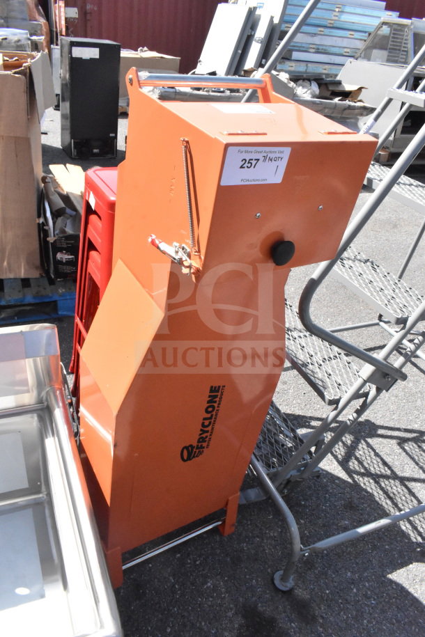 Brand new Fryclone 259os100 fryer oil shuttle, 70-100 lb. capacity, scratch and dent condition, visible label with auction info.