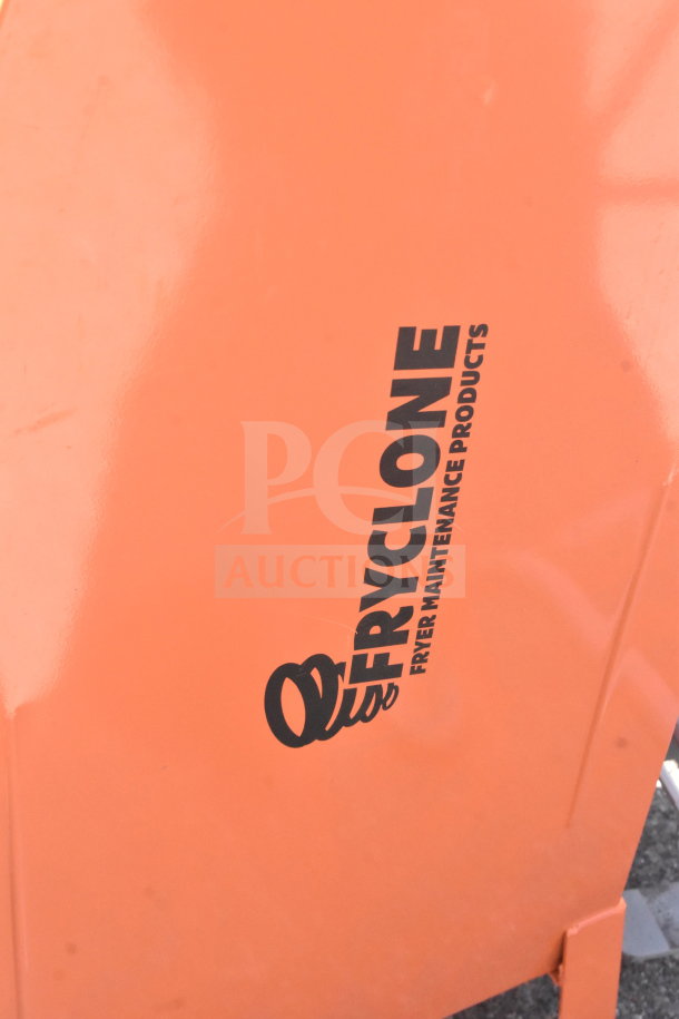Brand new Fryclone 259os100 70-100 lb. fryer oil shuttle, orange, visible scratches and dents, logo on side.