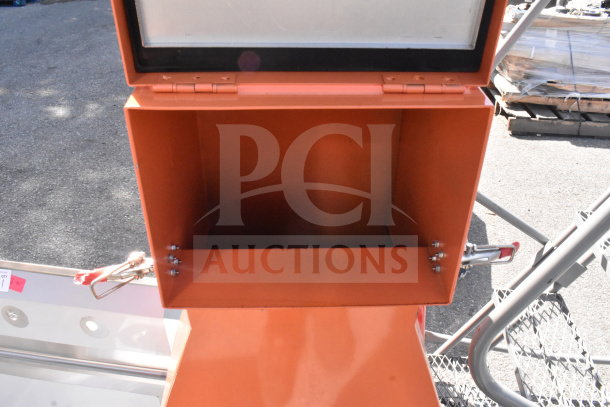 BRAND NEW SCRATCH AND DENT Fryclone 259os100 Fryer Oil Shuttle, 70-100 lb capacity, open lid shows storage compartment, orange finish.