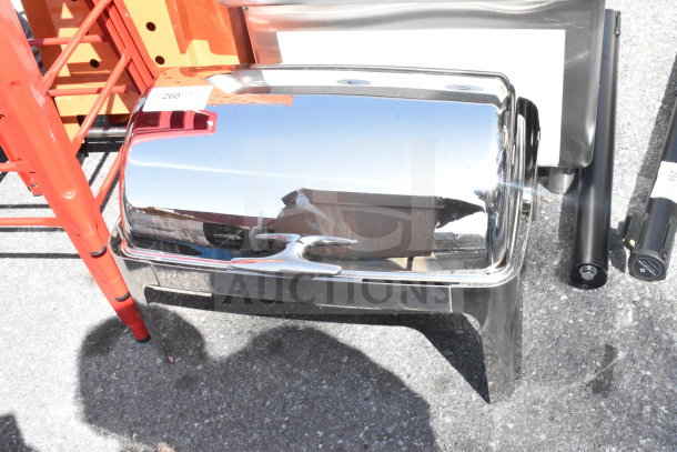 BRAND NEW Roll Top Chafer with shiny stainless steel finish. Features minor scratches and dents. Auction label visible.
