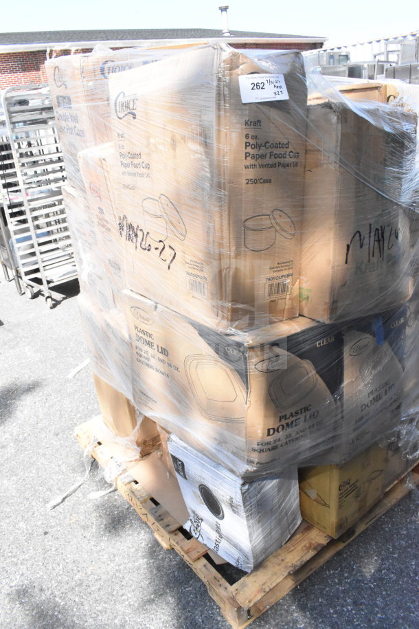 Plastic-wrapped pallet of mixed new items, including Choice poly-coated paper cups and plastic dome lids. Marked May 26-27.